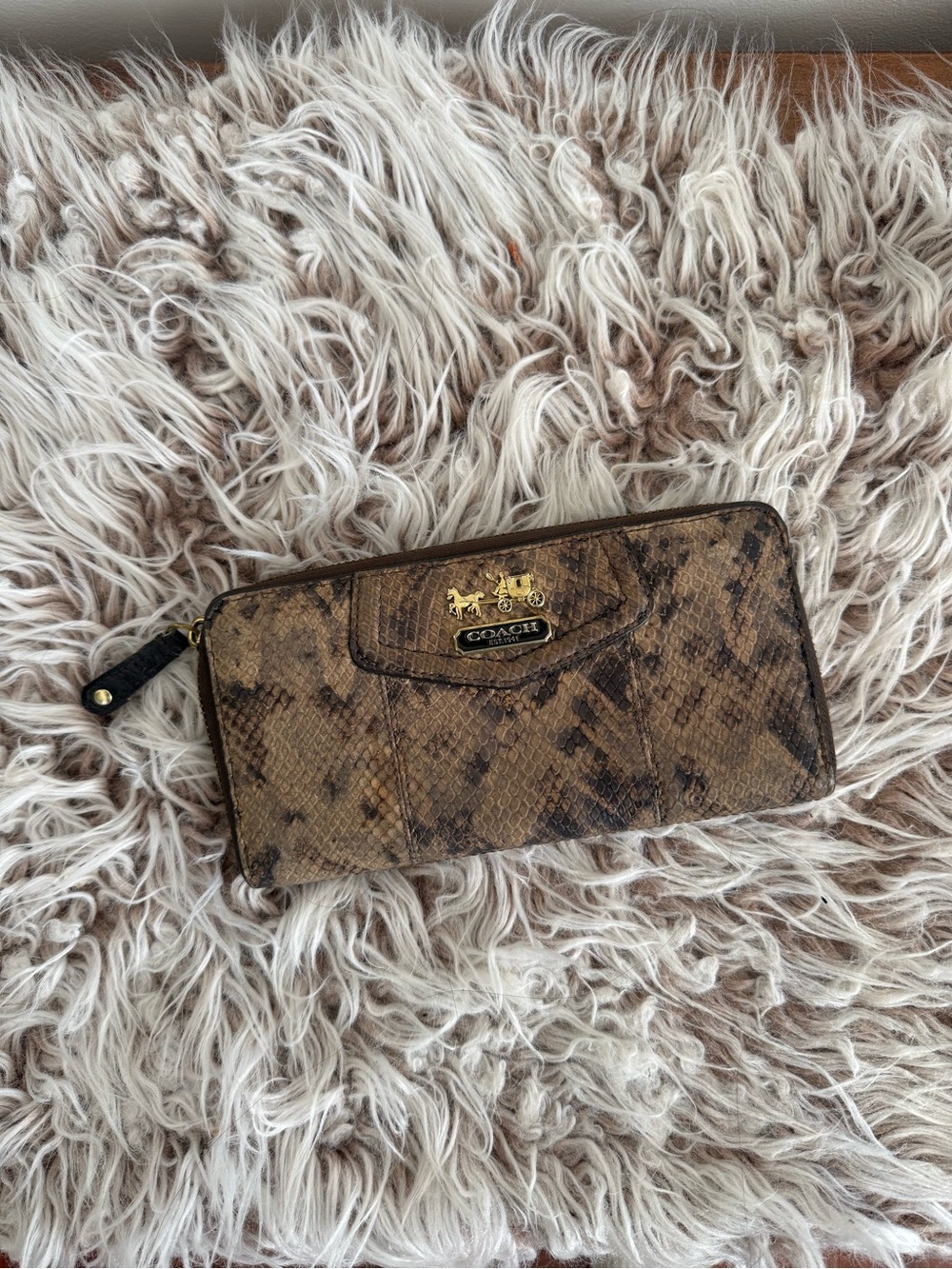 Coach Brown Snake-Print Zip Wallet with Gold Hardware